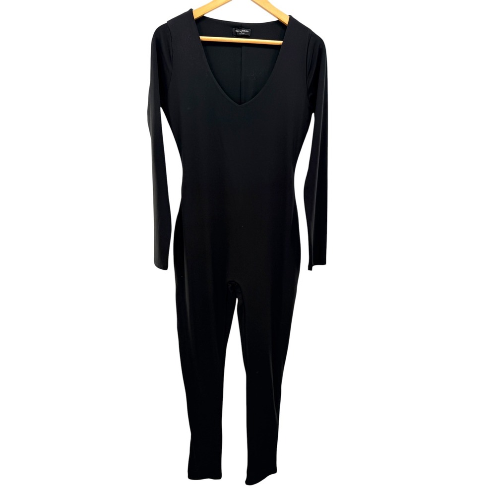 Naked Wardrobe‎ Womens Black Ribbed Long Sleeve V-Neck Jumpsuit XL Catsuit